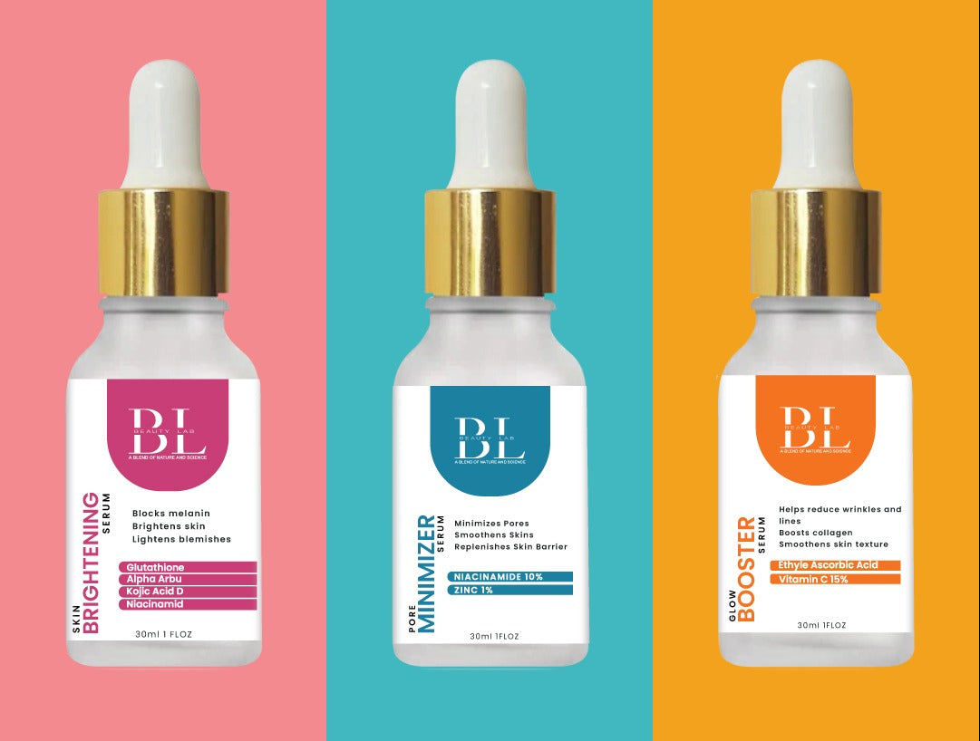 3 in 1 Serum Kit { GLOW BOOSTER VITAMIN C 15% SERUM, SKIN BRIGHTENING SERUM, PORE MINIZIR SERUM }